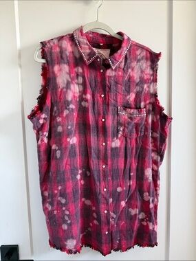 Sleeveless Studded Plaid snap-Up Shirt Dress - Pink & Black